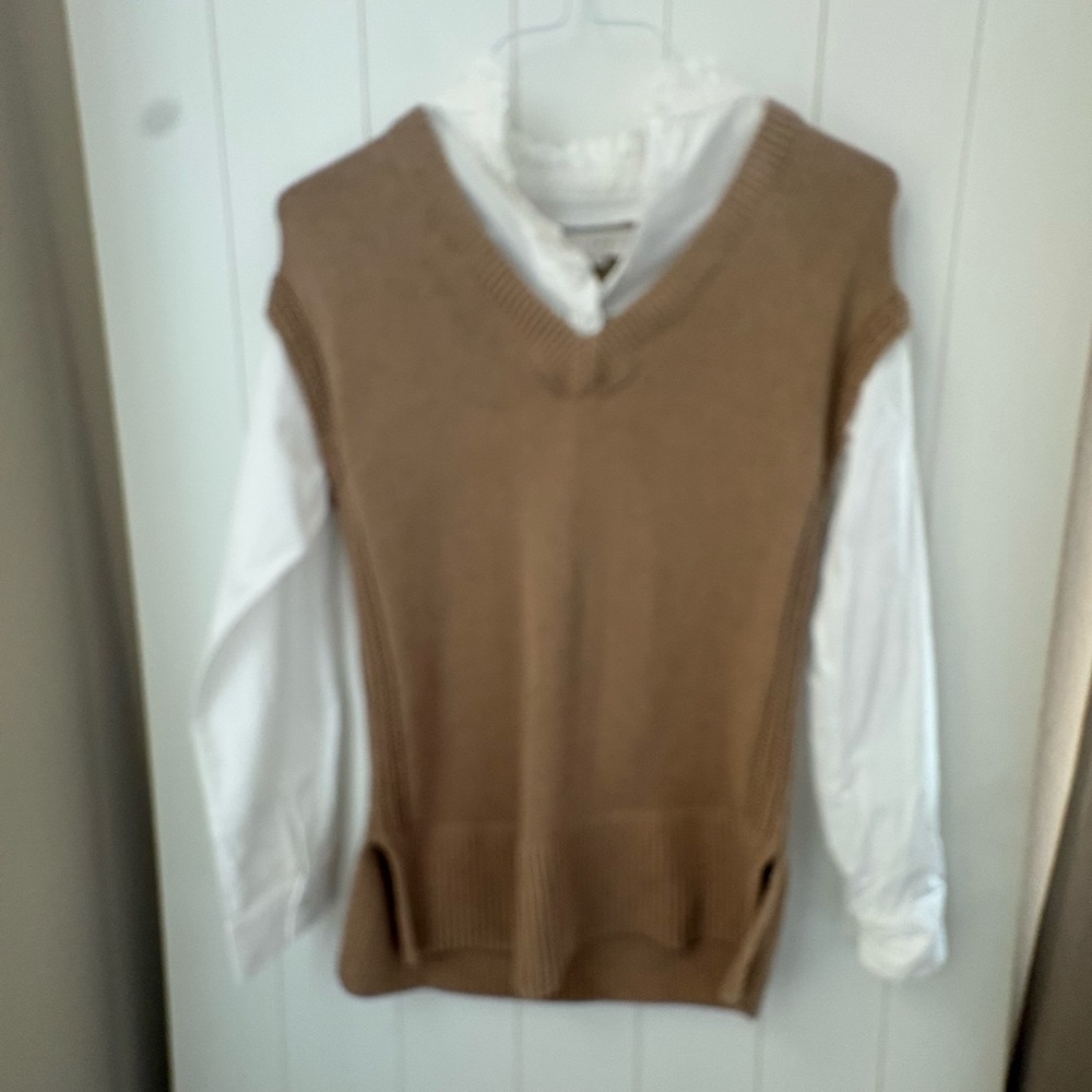 LOFT Tan Sweater Vest with White Blouse